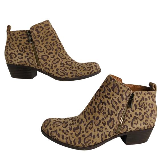 Lucky Brand Basel Women's 8.5 Leopard Print Leather Ankle Booties Side Zip Heel - Picture 3 of 10